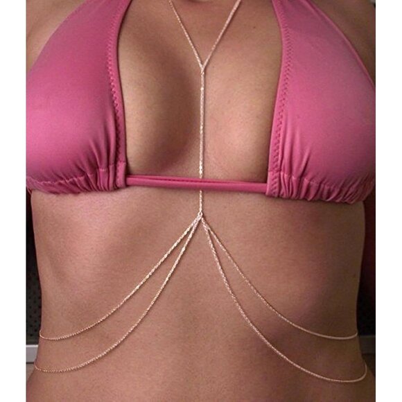 14K Gold Silver 1 Plated Body Chain Women Layered Rhinestone Bikini Bra Jewelry - Picture 6 of 7